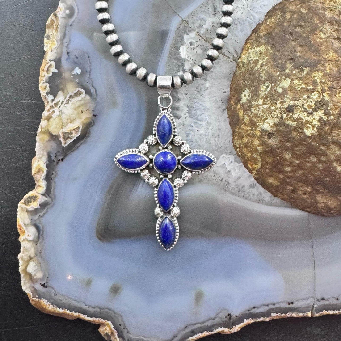 Sterling Silver Southwestern Style 6 Lapis Decorated Cross Pendant For Women #1