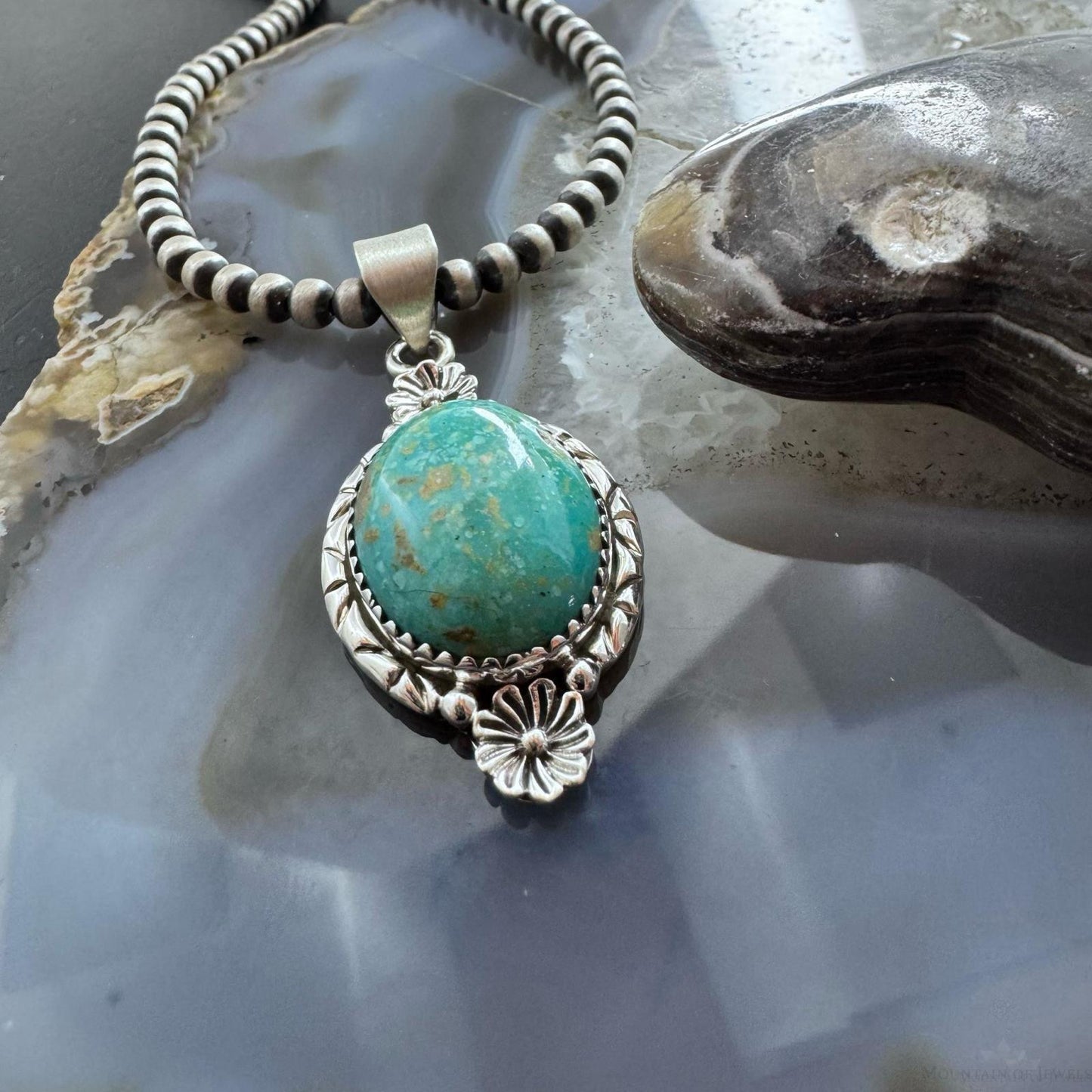 Sterling Silver Southwestern Style Oval Turquoise Decorated Pendant For Women