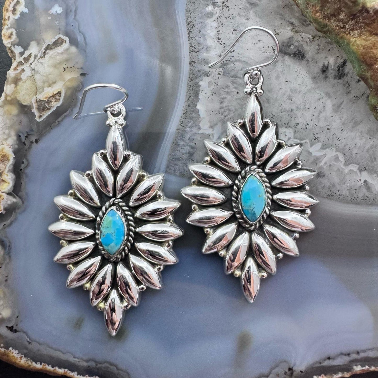 Sterling Southwestern Style Marquis Turquoise Cluster Dangle Earrings For Women