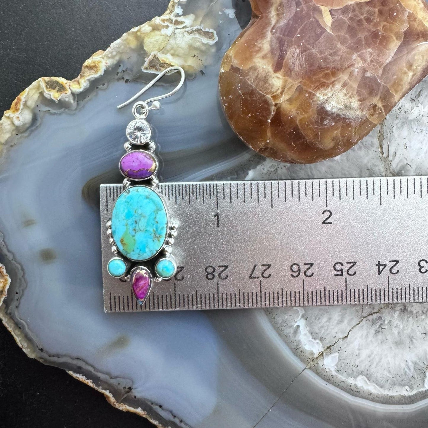 Sterling Silver Southwestern Style Turquoise,Purple Dahlia & CZ Dangle Earrings for Women