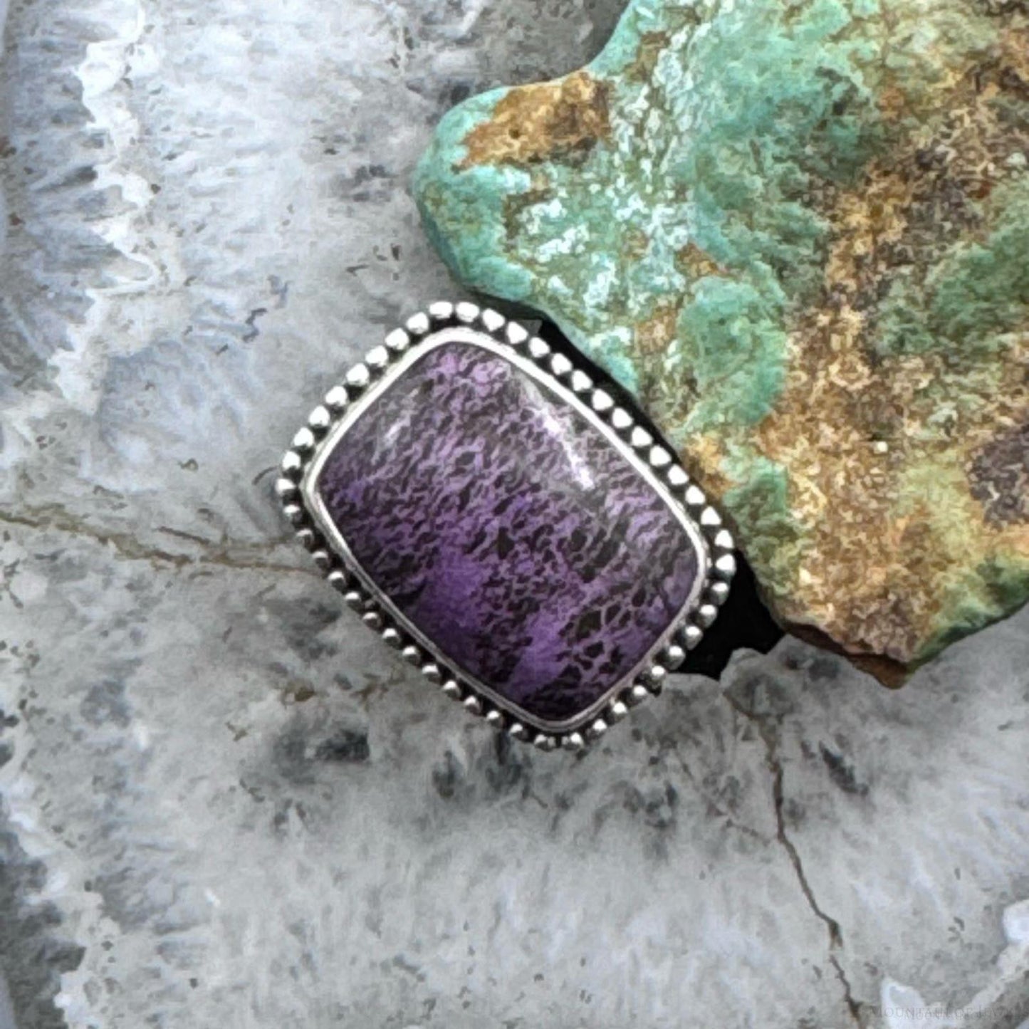 Sterling Silver Southwestern Style Purpurite Decorated Bar Ring Size 8 For Women