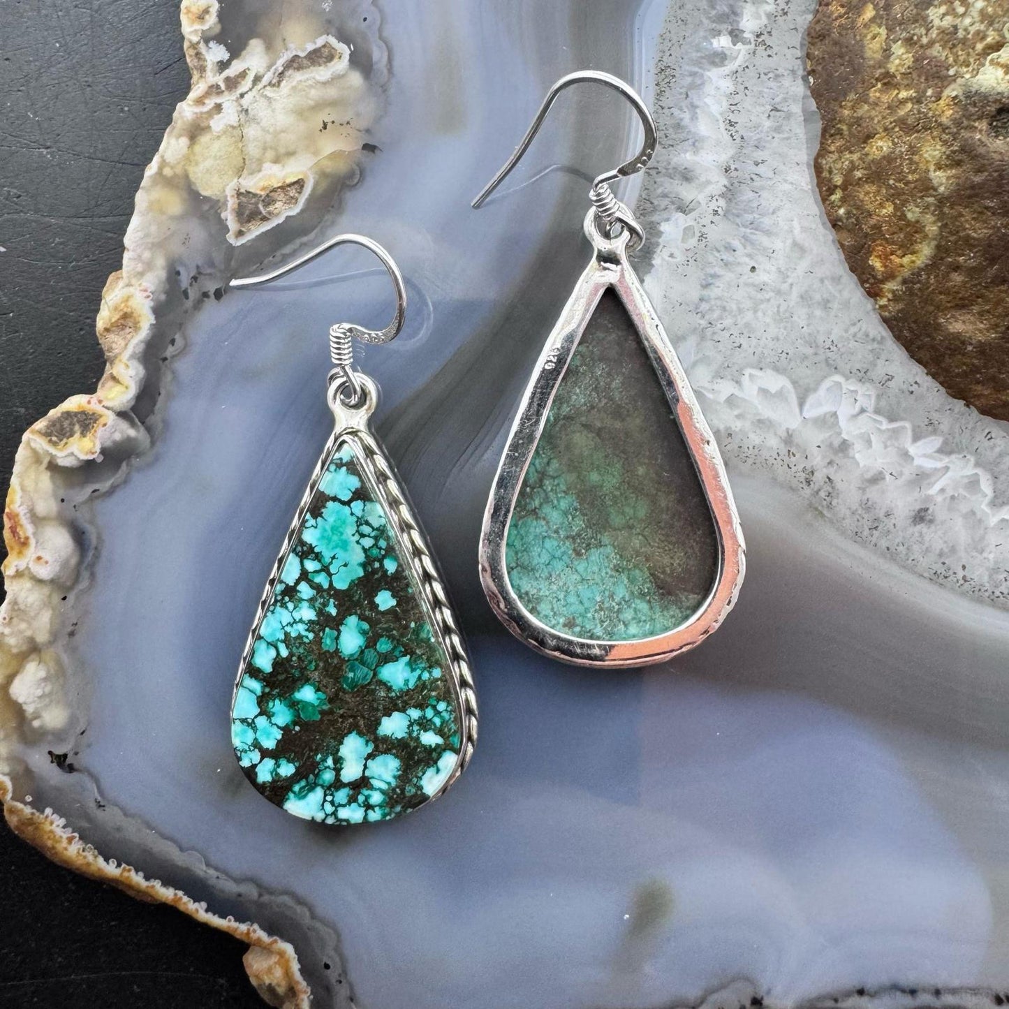 Sterling Silver Southwestern Style Teardrop Turquoise Dangle Earrings For Women