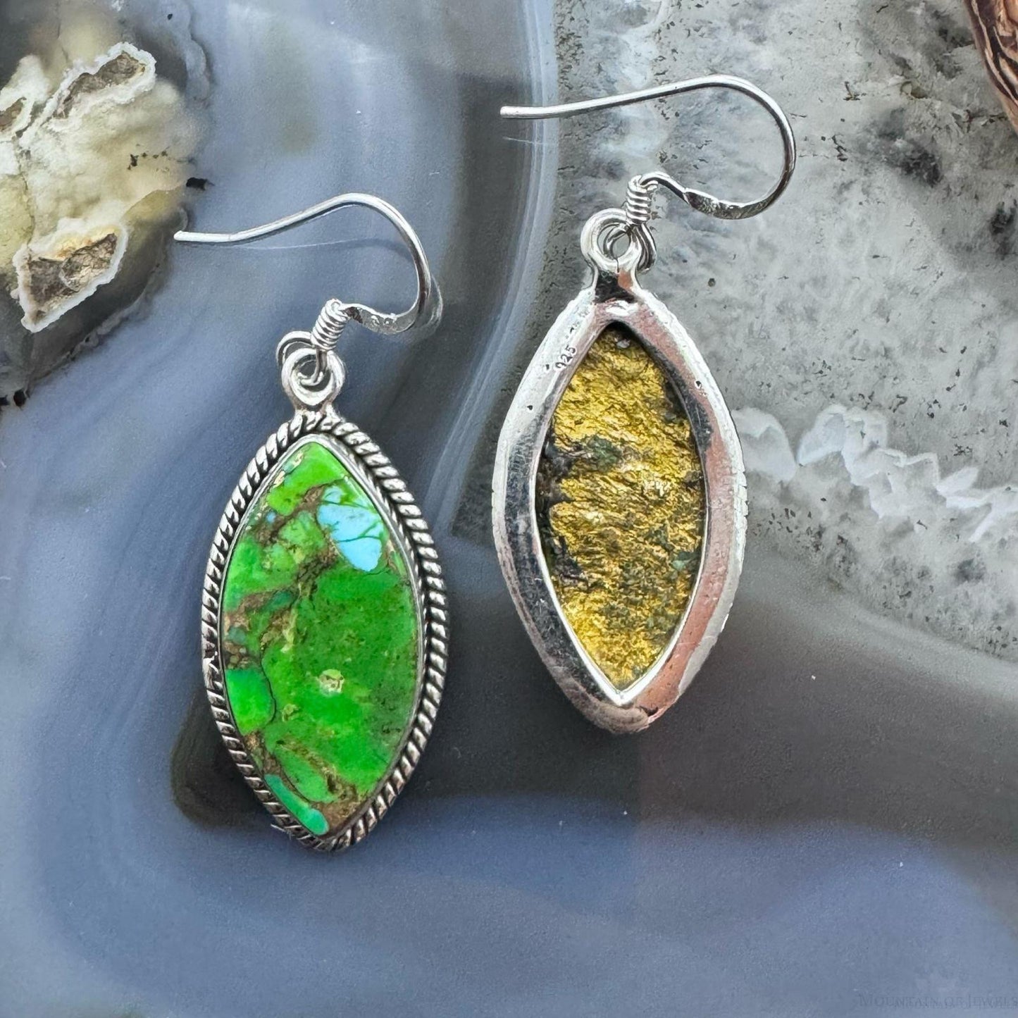 Sterling Silver Southwestern Style Marquise Green Cooper Turquoise Dangle Earrings For Women