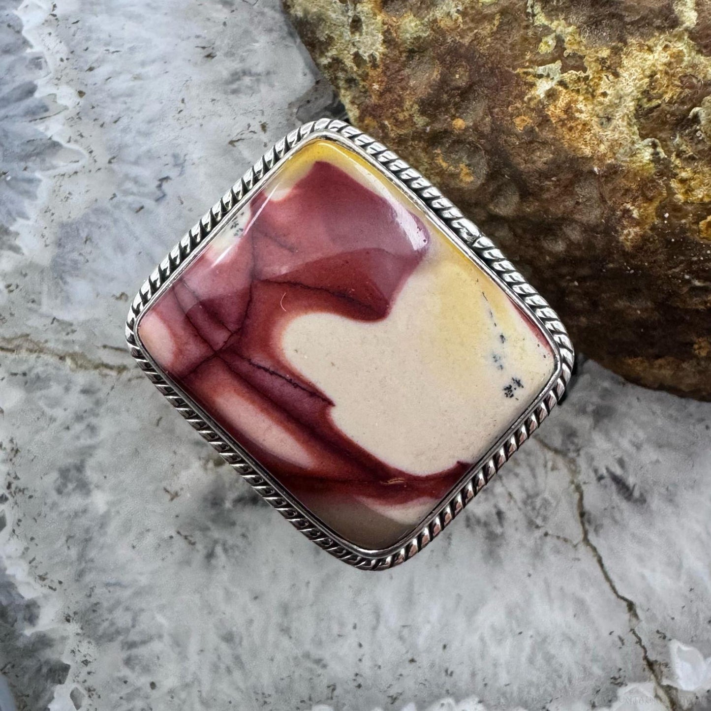 Sterling Silver Southwestern Style Mookaite Jasper Decorated Bar Ring Size 7.75 For Women