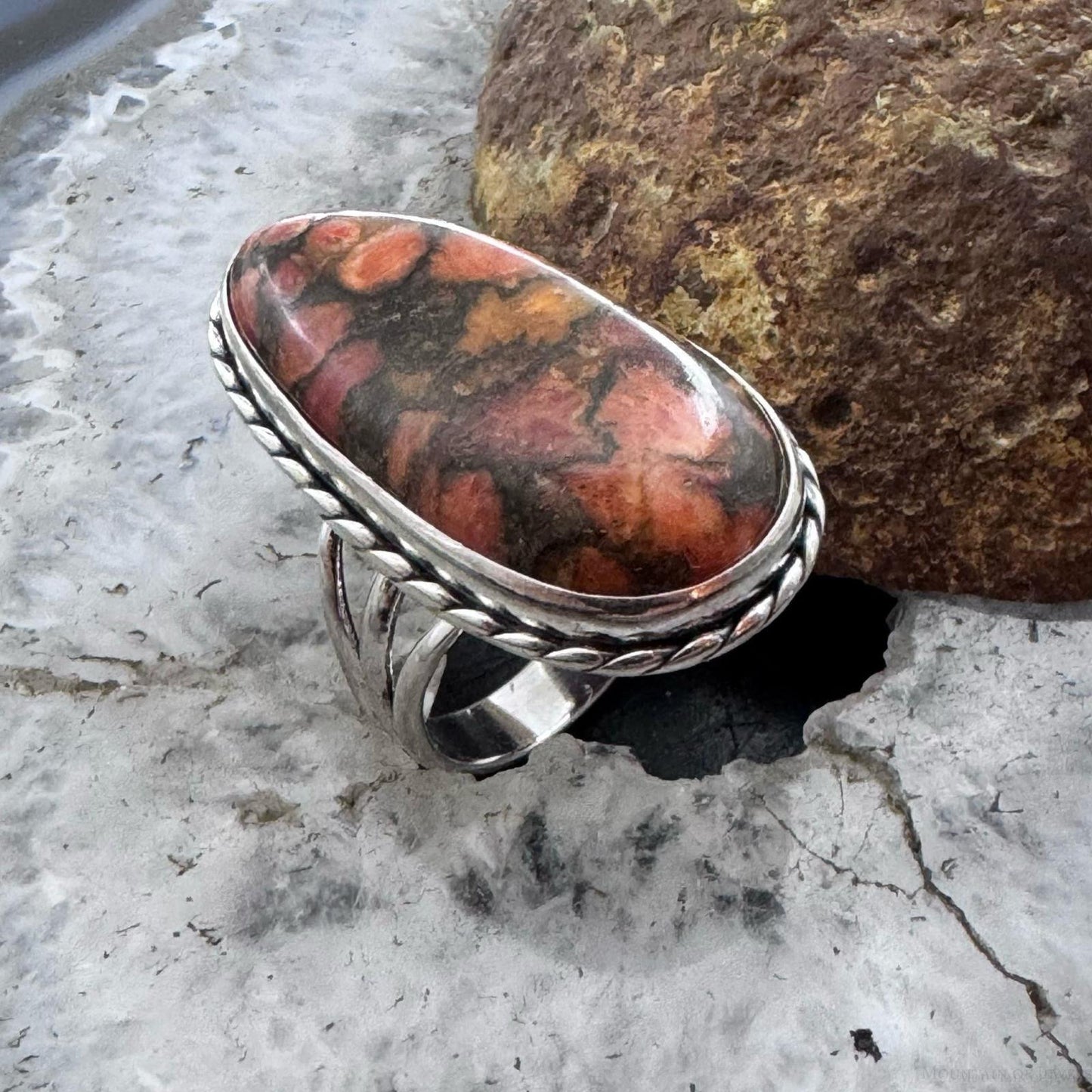 Sterling Silver Southwestern Style Oval Orange Copper Turquoise Ring Size 8.5 For Women