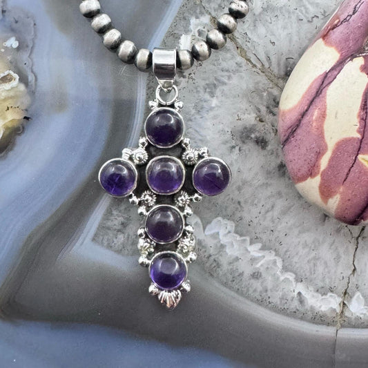 Sterling Silver Southwestern Style Rounded Amethyst Cross Pendant For Women