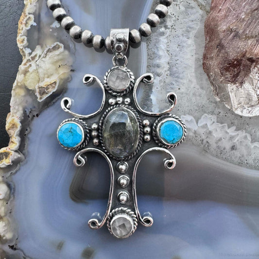 Sterling Silver Southwestern Style Various Stones Cross Pendant For Women
