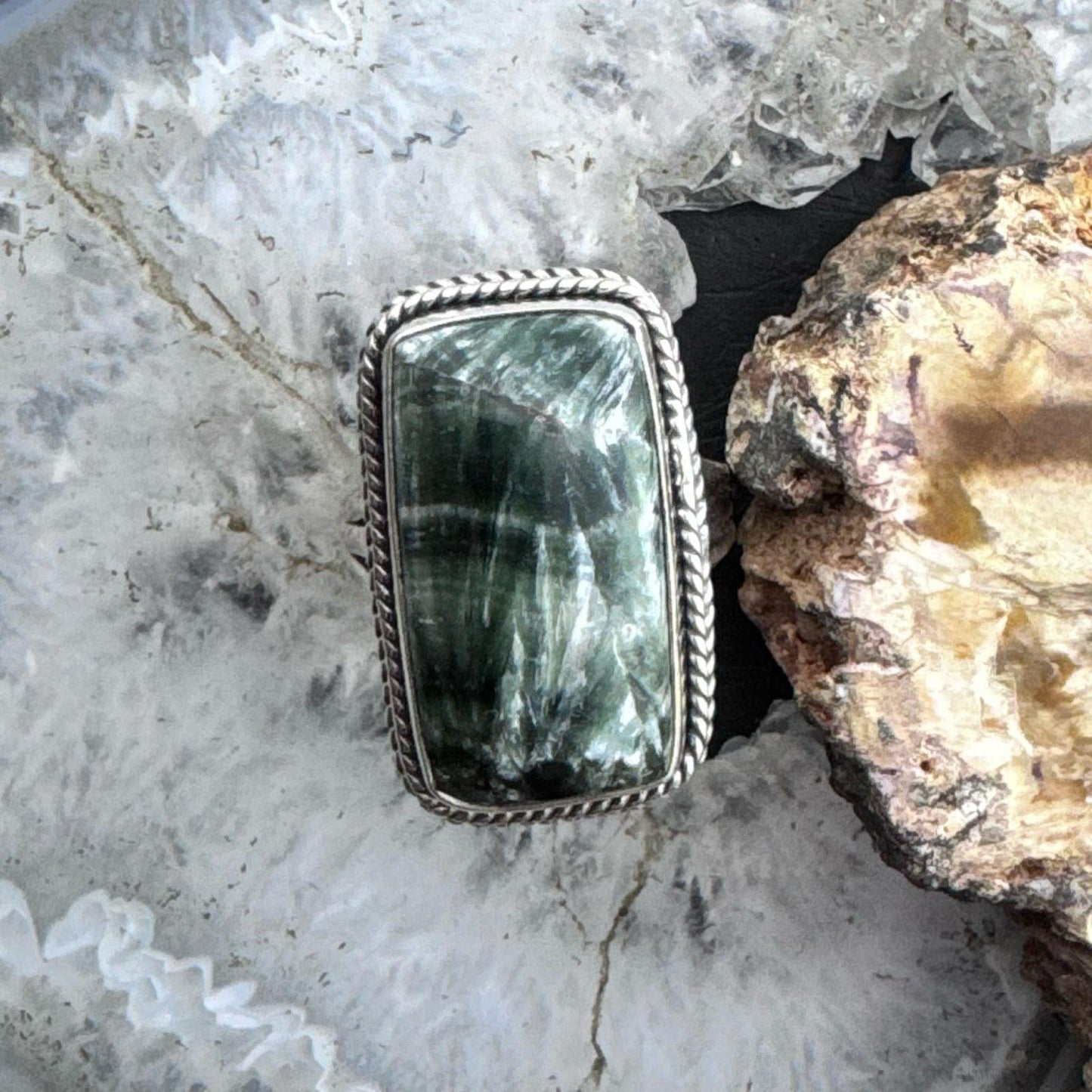 Sterling Silver Southwestern Style Seraphinite Bar Ring Size 8.5 For Women