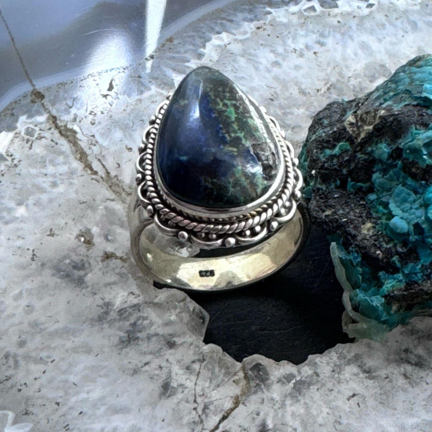 Sterling Silver Southwestern Style Teardrop Malachite Azurite Ring Size 9 For Women