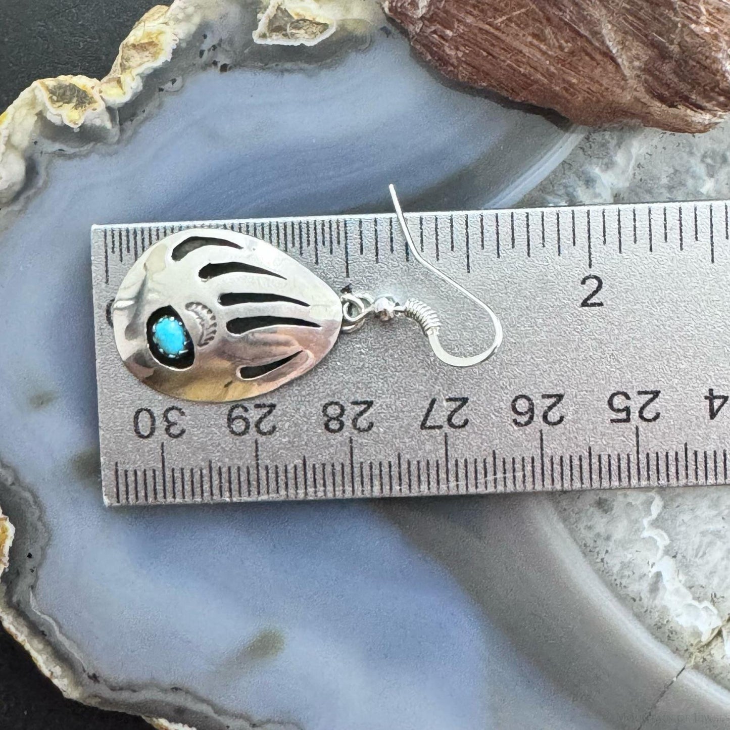 Native American Sterling Silver Bear Claw w/Turquoise Dangle Earrings For Women