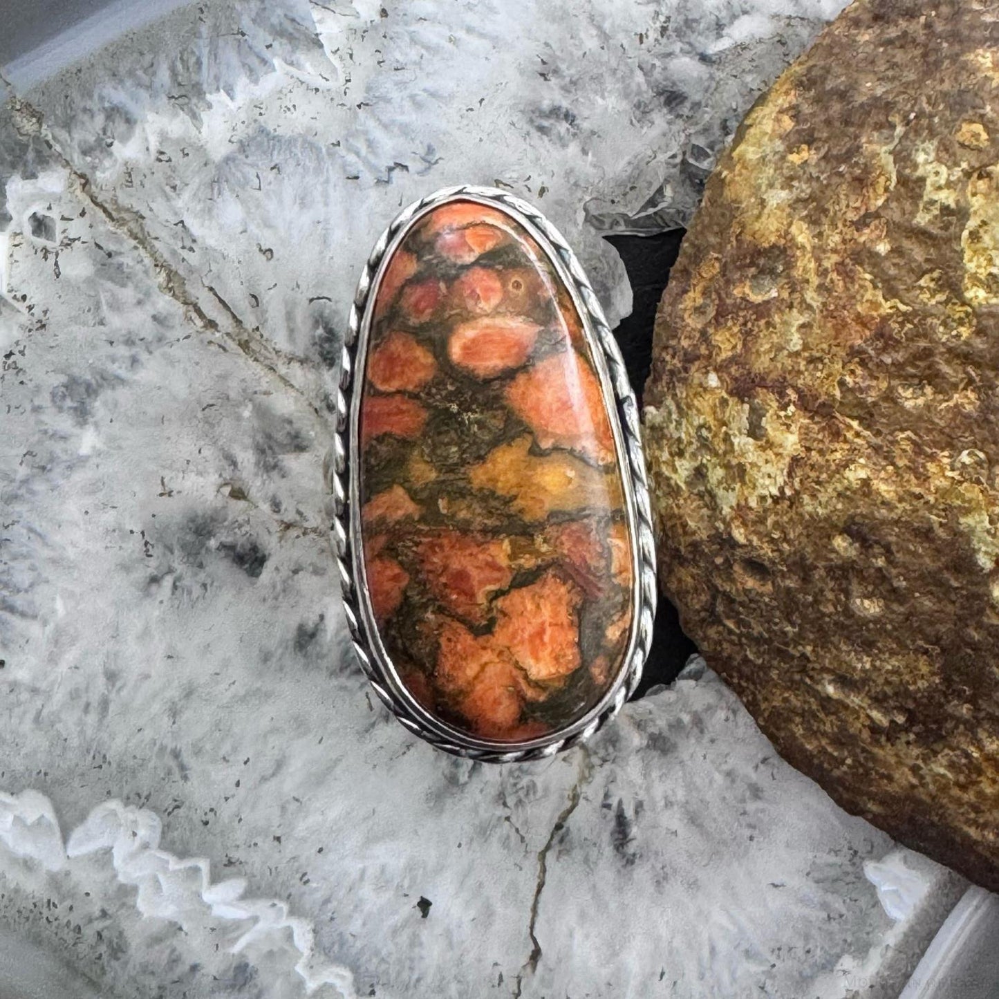 Sterling Silver Southwestern Style Oval Orange Copper Turquoise Ring Size 8.5 For Women