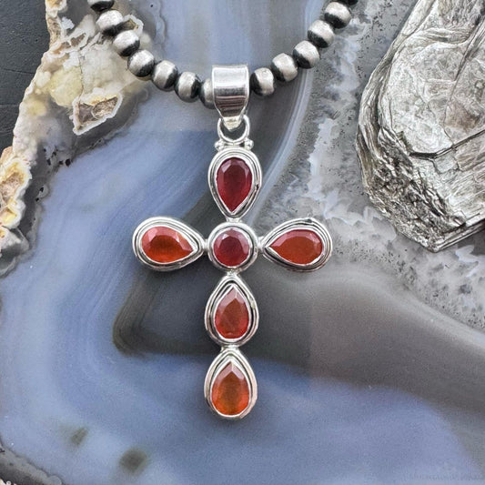 Sterling Silver Southwestern Style Carnelian Decorated Cross Pendant For Women