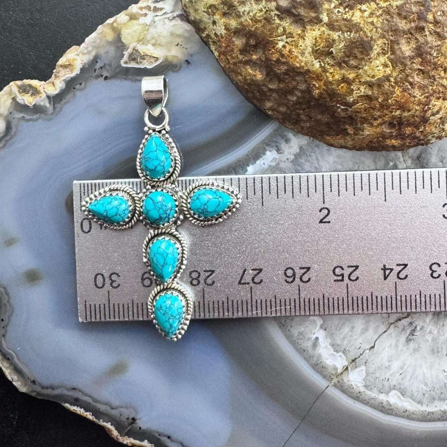 Sterling Silver Southwestern  Style 6 Green Howlite Decorated Cross Pendant For Women