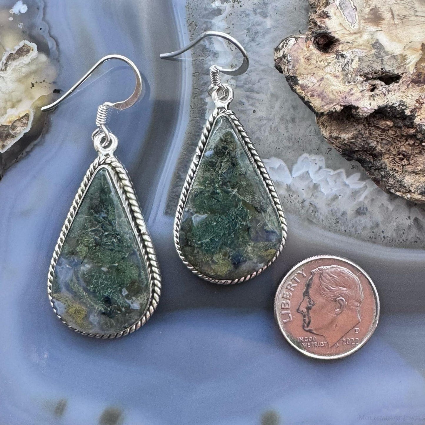 Sterling Silver Southwestern Style Teardrop Moss Agate Dangle Earrings For Women