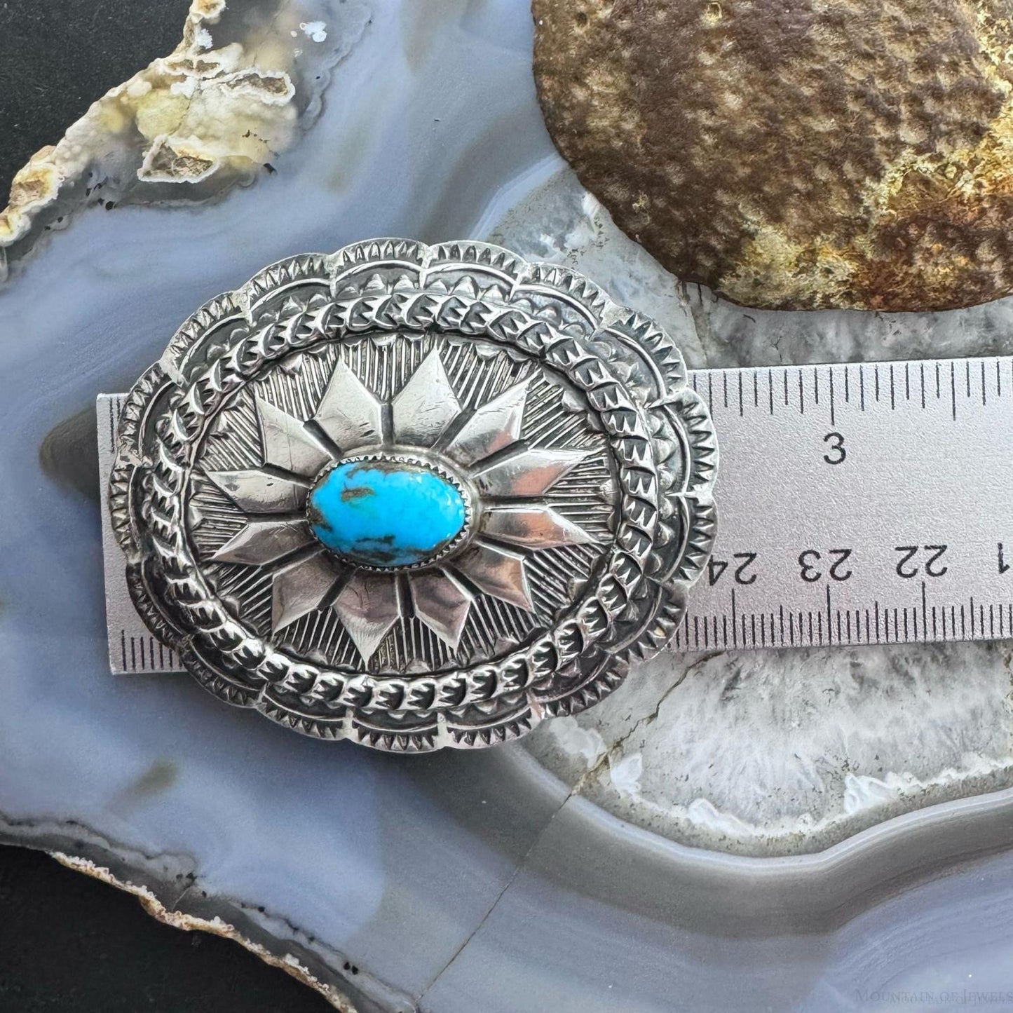 Vintage Native American Sterling Silver Turquoise Stamped Oval Belt Buckle For Men