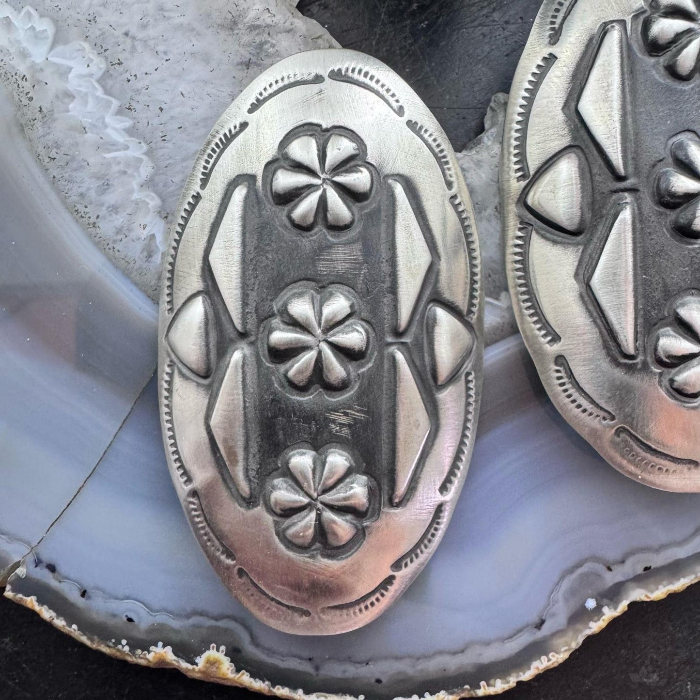 Leander Tahe Native American Sterling Silver Large Oval Repousse Post Earrings For Women