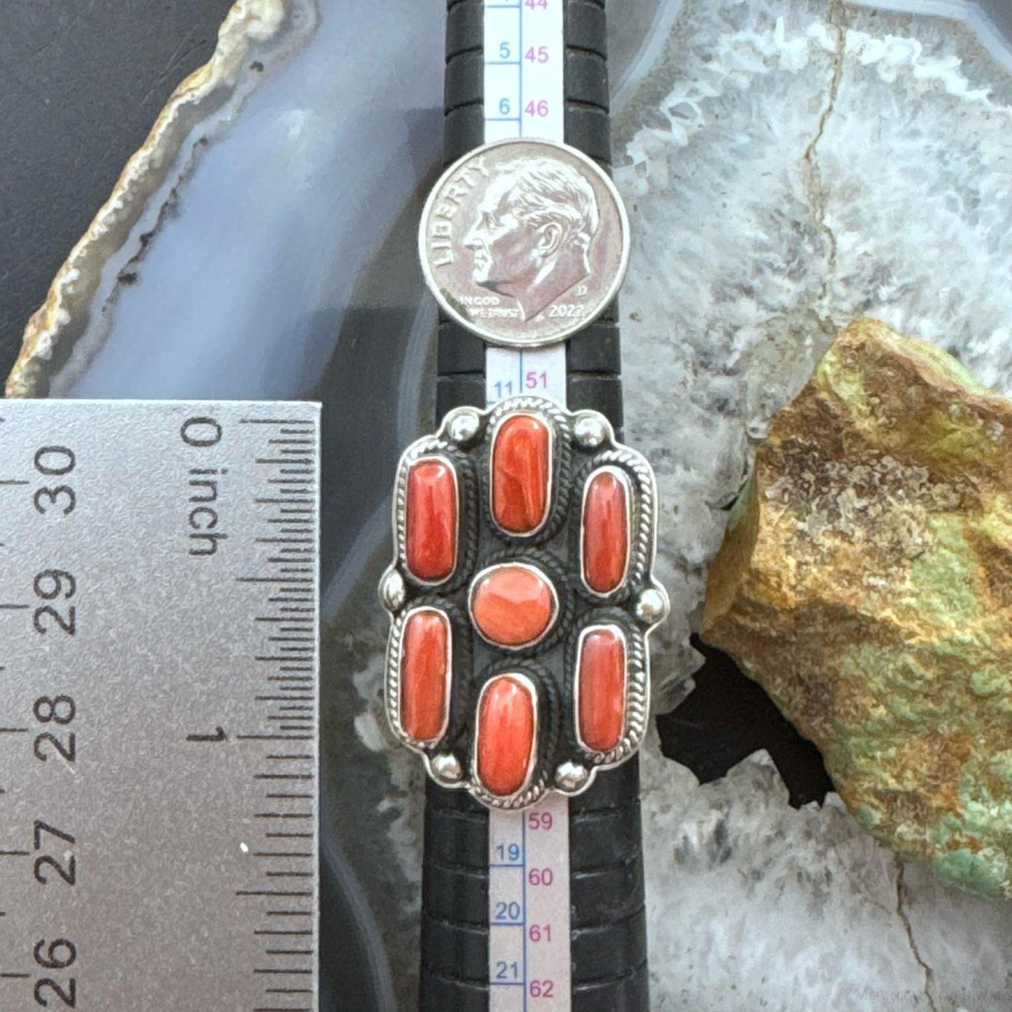 Sterling Silver Southwestern Style Coral Cluster Ring Size 7.25 For Women