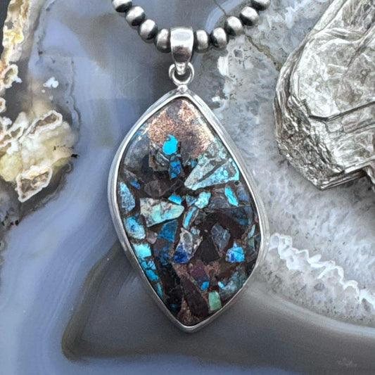 Sterling Silver Southwestern Style Large Cooper Turquoise Pendant For Women