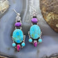 Sterling Silver Southwestern Style Turquoise,Purple Dahlia & CZ Dangle Earrings for Women