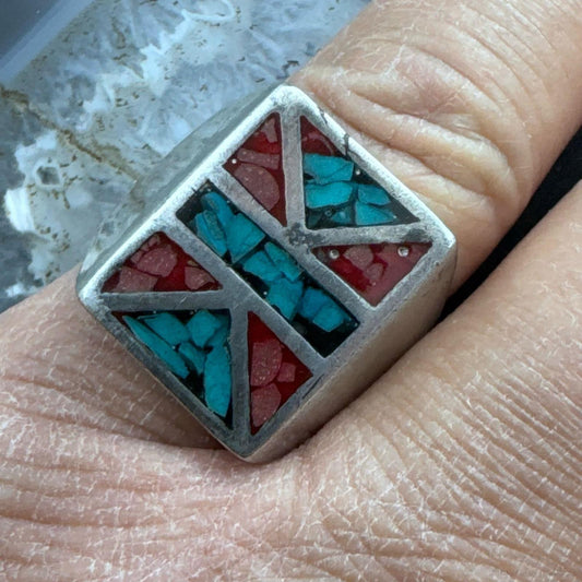 Vintage Sterling Silver Native American Turquoise & Coral Chip Inlay Shield Ring Size 10 For Men