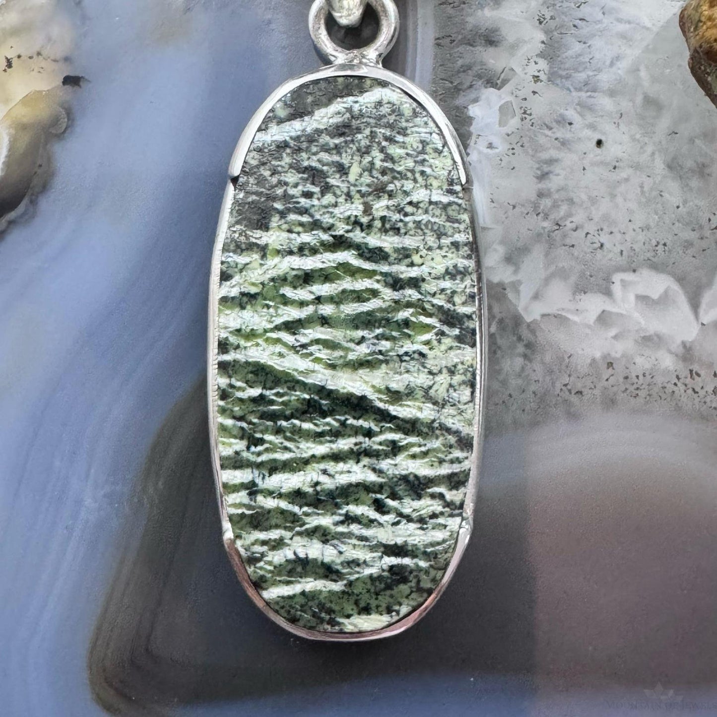 Sterling Silver Southwestern Style Oblong Oval Green Serpentine Pendant For Women