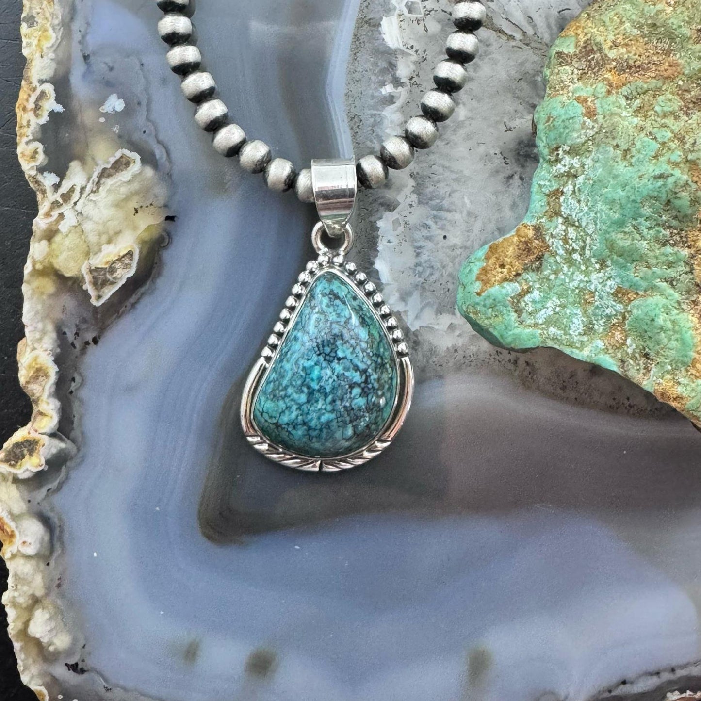 Sterling Silver Southwestern Style Matrixed Natural Green Turquoise Pendant For Women