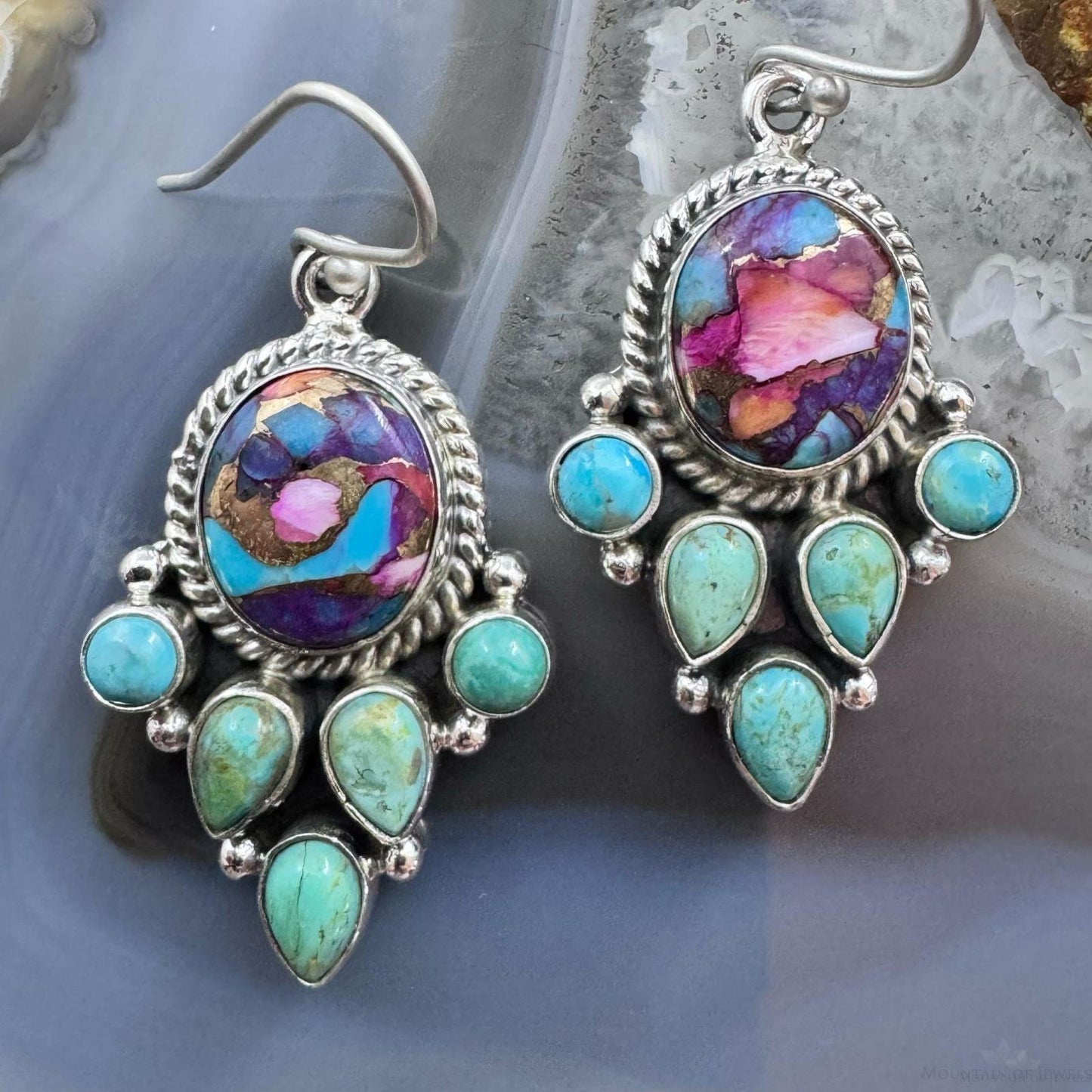 Sterling Silver Southwestern Style Turquoise & Pink Dahlia Dangle Earrings For Women