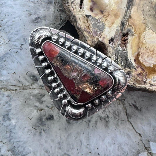 Sterling Silver Southwestern Style Triangle Red Moss Agate Ring Size 10 For Women