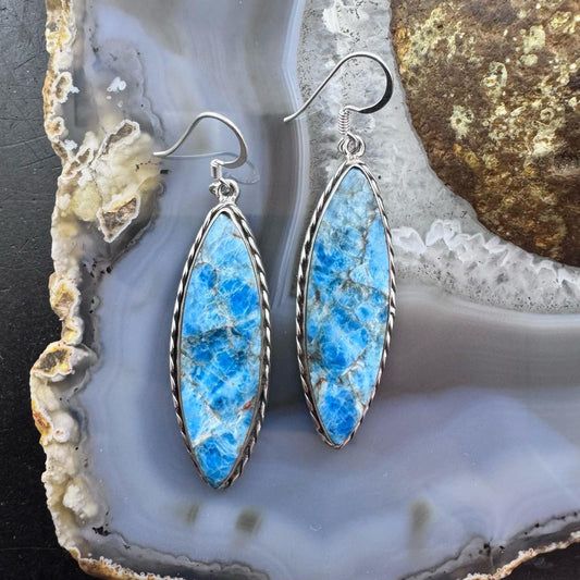 Sterling Silver Southwestern Style Elongated Marquise Blue Apatite Dangle Earrings For Women