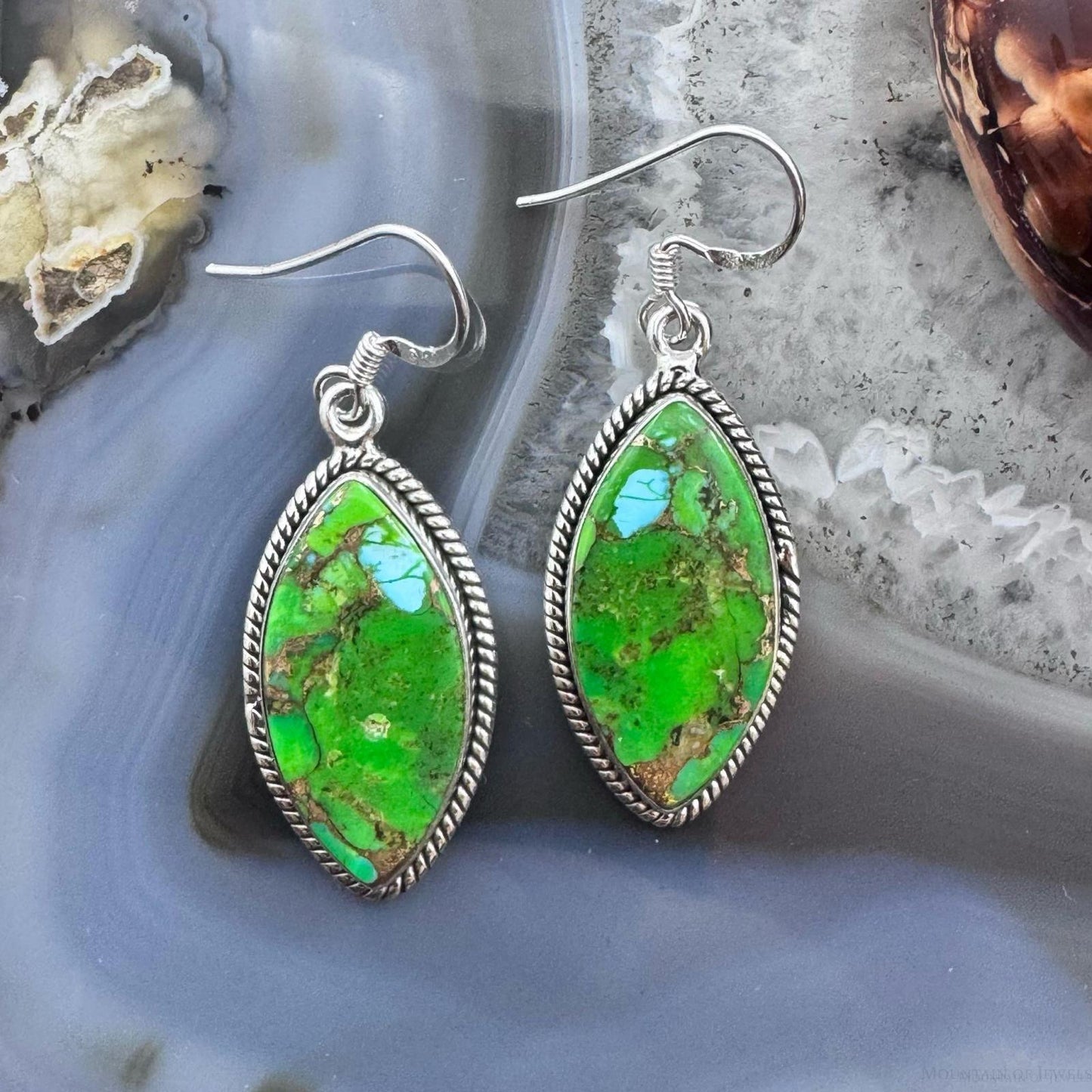 Sterling Silver Southwestern Style Marquise Green Cooper Turquoise Dangle Earrings For Women