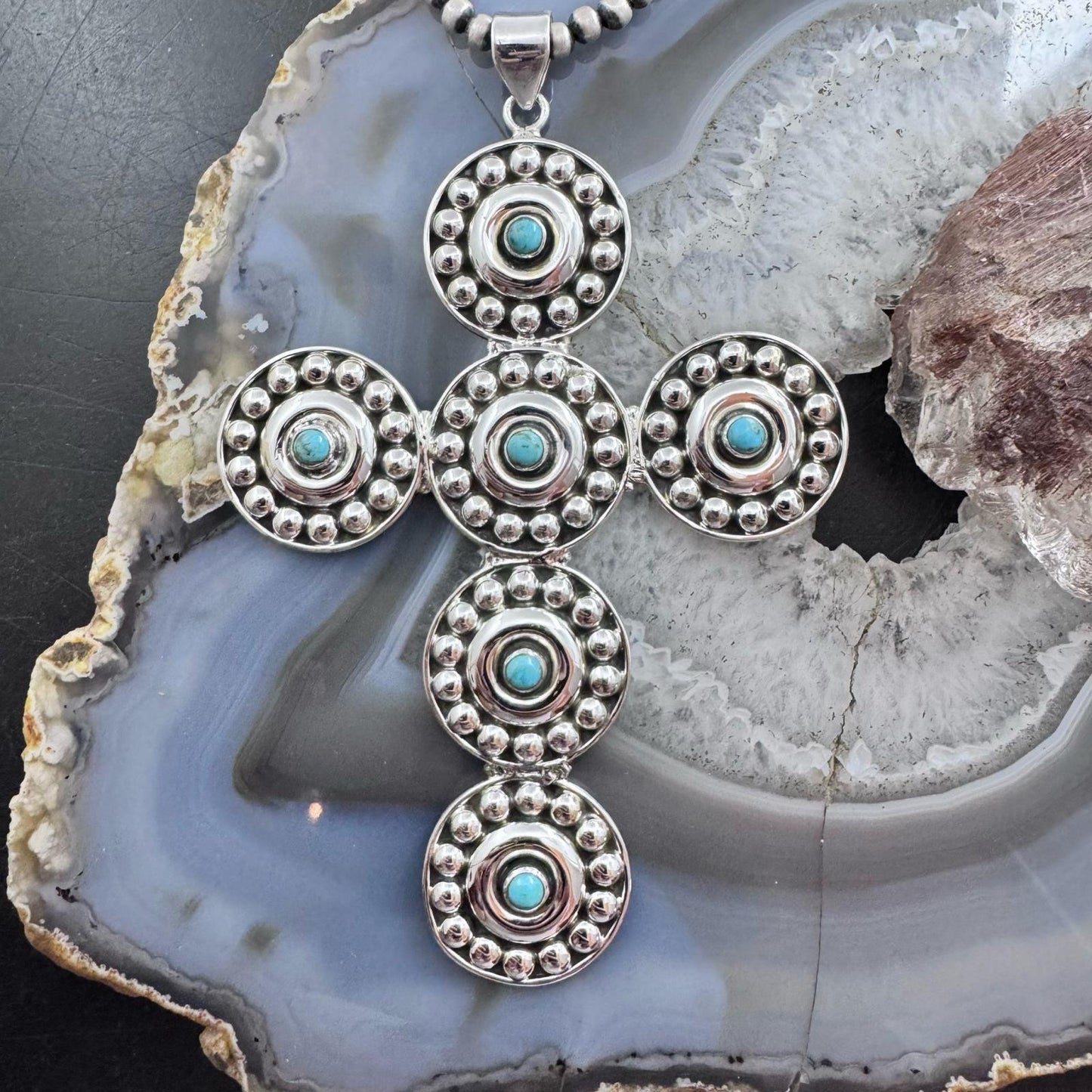 Sterling Silver Southwestern Style Turquoise Large Decorated Unisex Cross Pendant