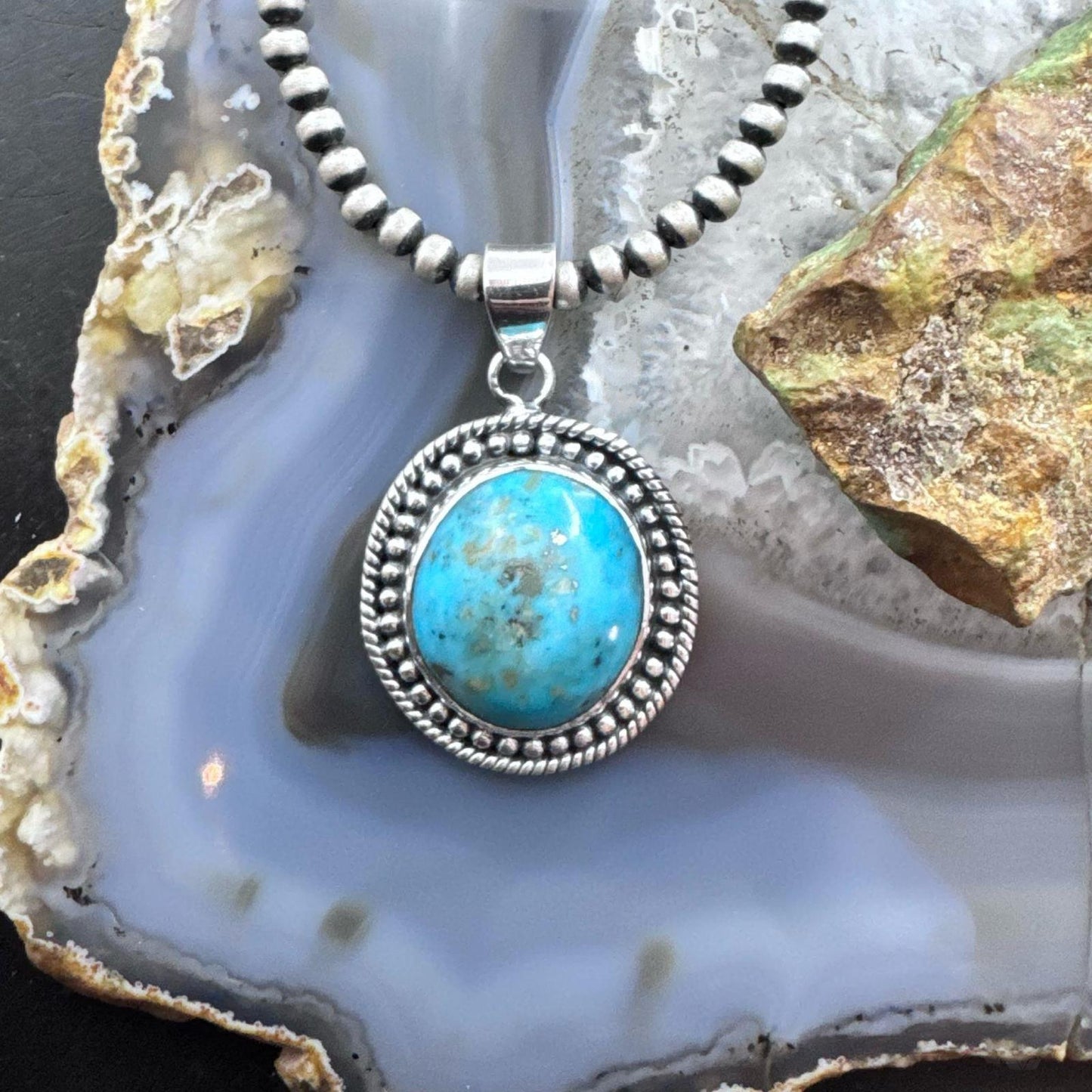 Sterling Silver Southwestern Style Round Tibetan Turquoise Decorated Pendant For Women