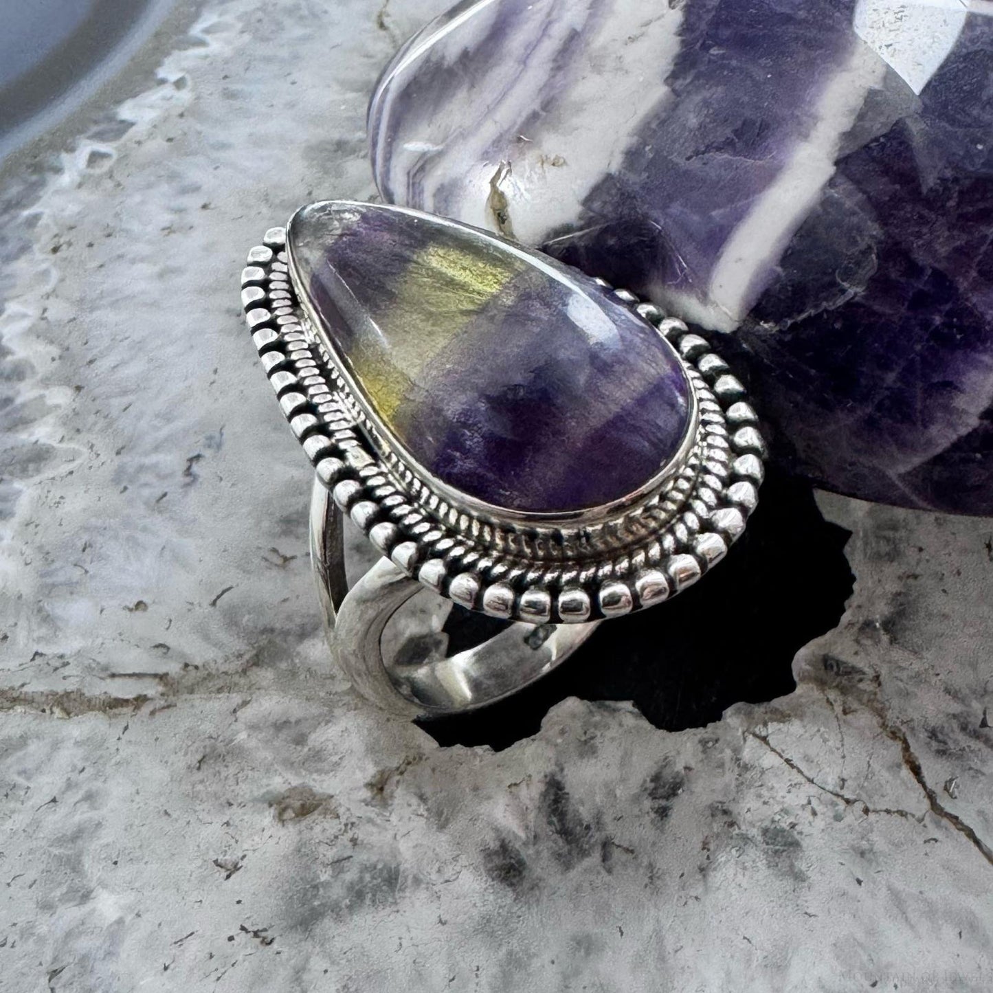 Sterling Silver Southwestern Style Teardrop Fluorite Crystal Ring Size 9.75 For Women