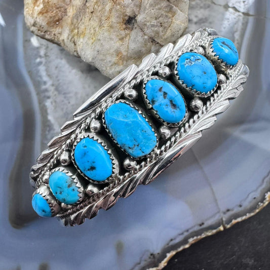 Anita Whitegoat Native American Sterling Silver Turquoise Row Bracelet For Women