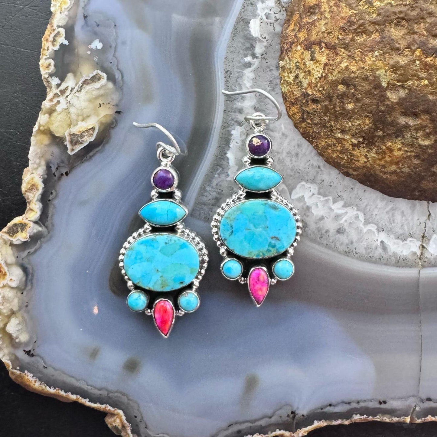 Sterling Silver Southwestern Style Turquoise, Pink & Purple Dahlia Dangle Earrings For Women