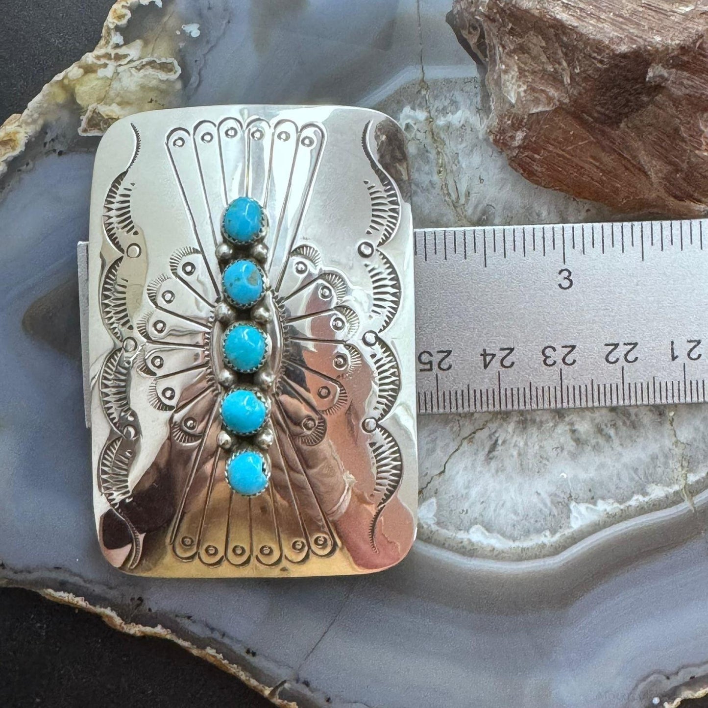 Joann Begay Native American Sterling Silver Turquoise Stamped Belt Buckle For Men