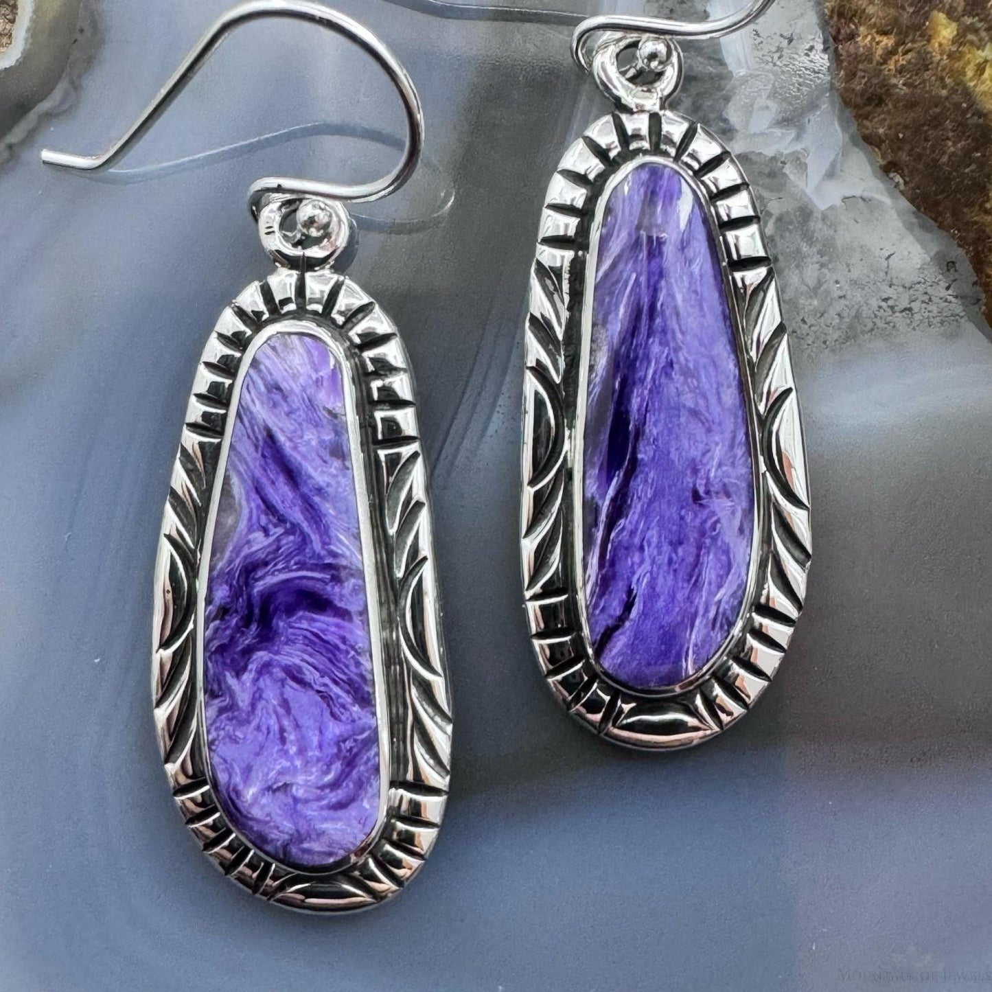 Native American Sterling Silver Charoite Decorated Dangle Earrings For Women