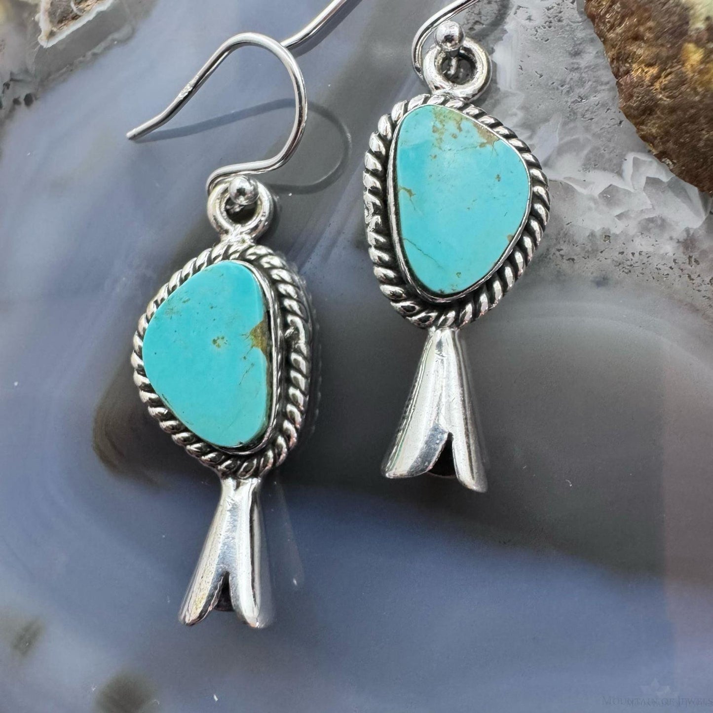 Sterling Southwestern Style Turquoise Decorated Squash Blossom Dangle Earrings For Women