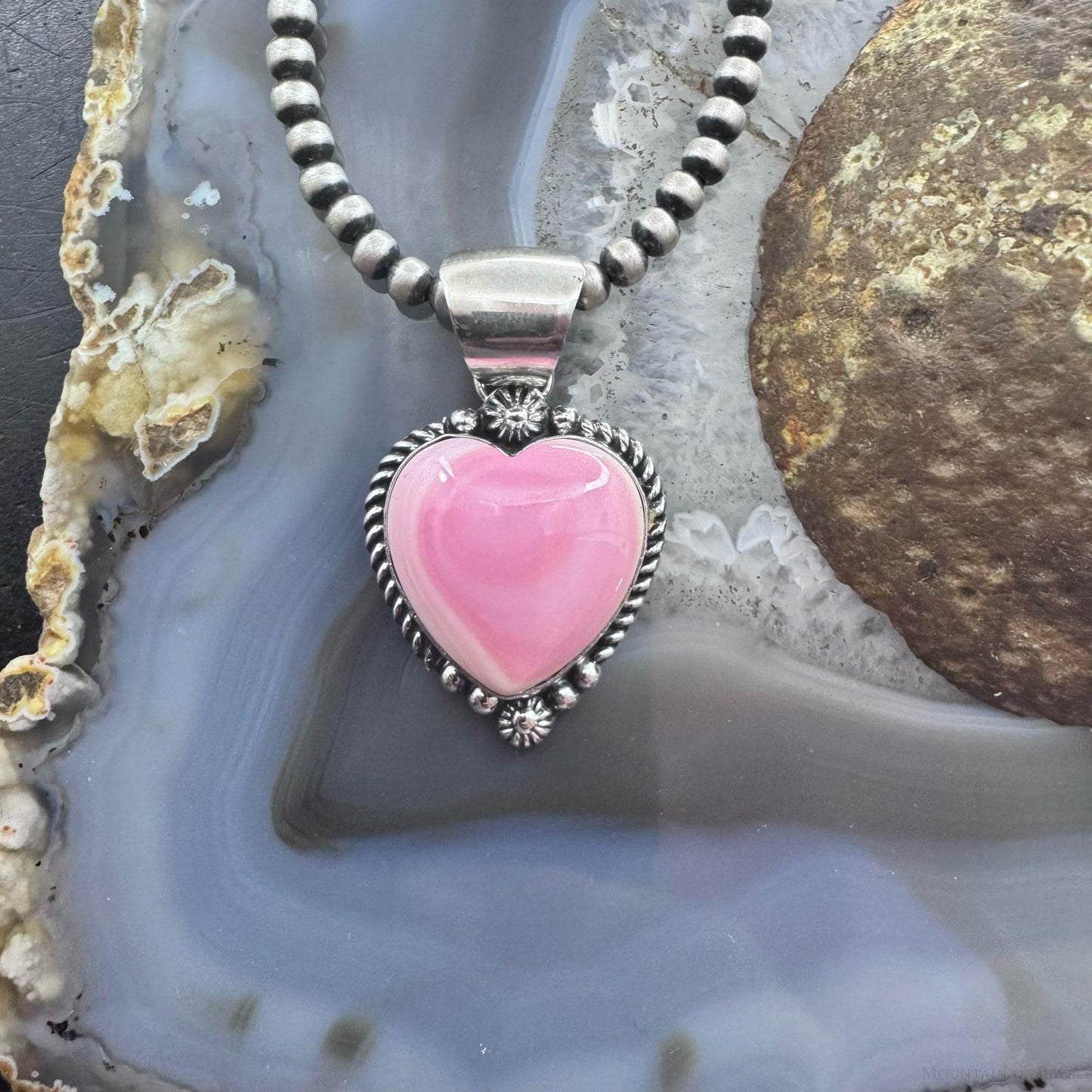 Robert Shakey Native American Sterling Silver Pink Conch Decorated Heart Pendant For Women