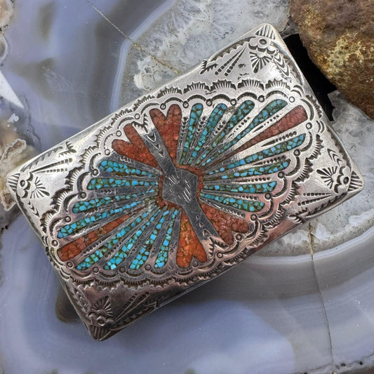 Vintage Signed Native American Silver Turquoise & Coral Chip Inlay Belt Buckle For Men