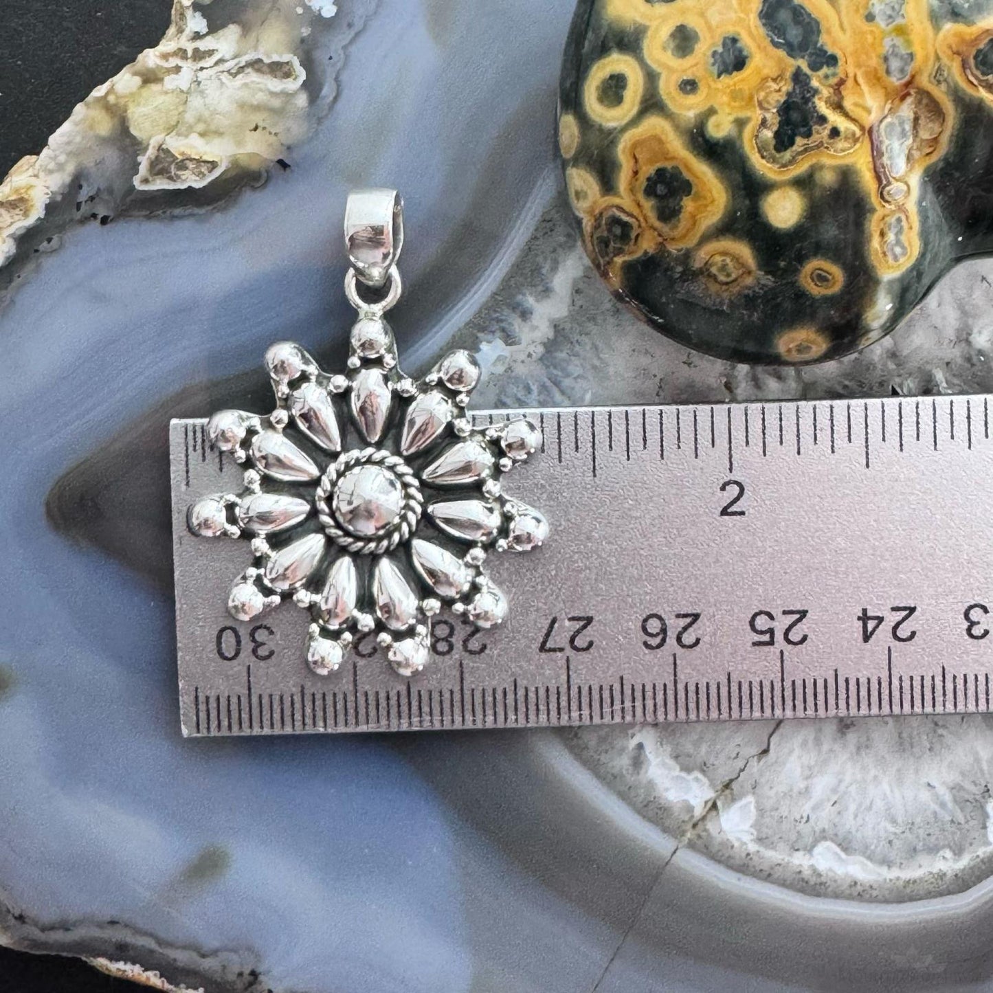 Sterling Silver Southwestern Style Decorated Cluster Floral Pendant For Women