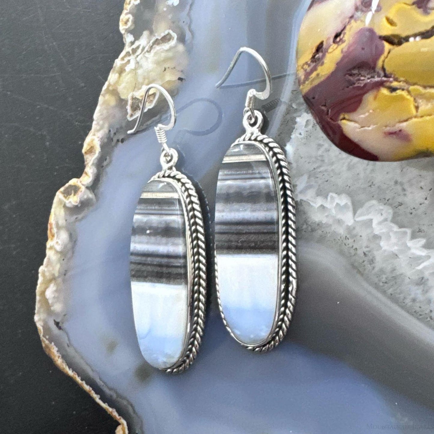 Sterling Silver Southwestern Style Elongated Oval Blue Opal Dangle Earrings For Women