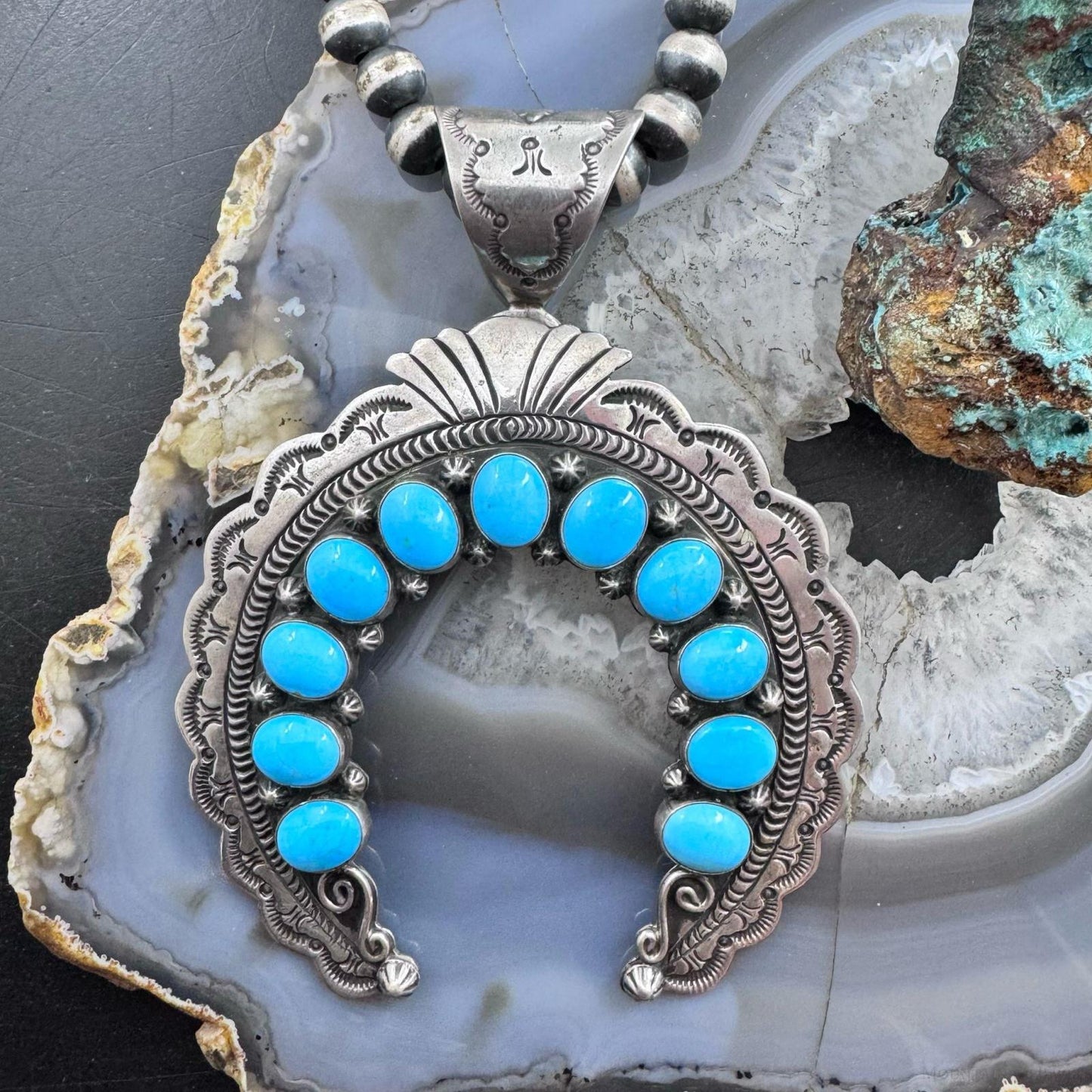 Vintage Signed Native American Sterling Silver Sleeping Beauty Turquoise Unisex Naja Pendant