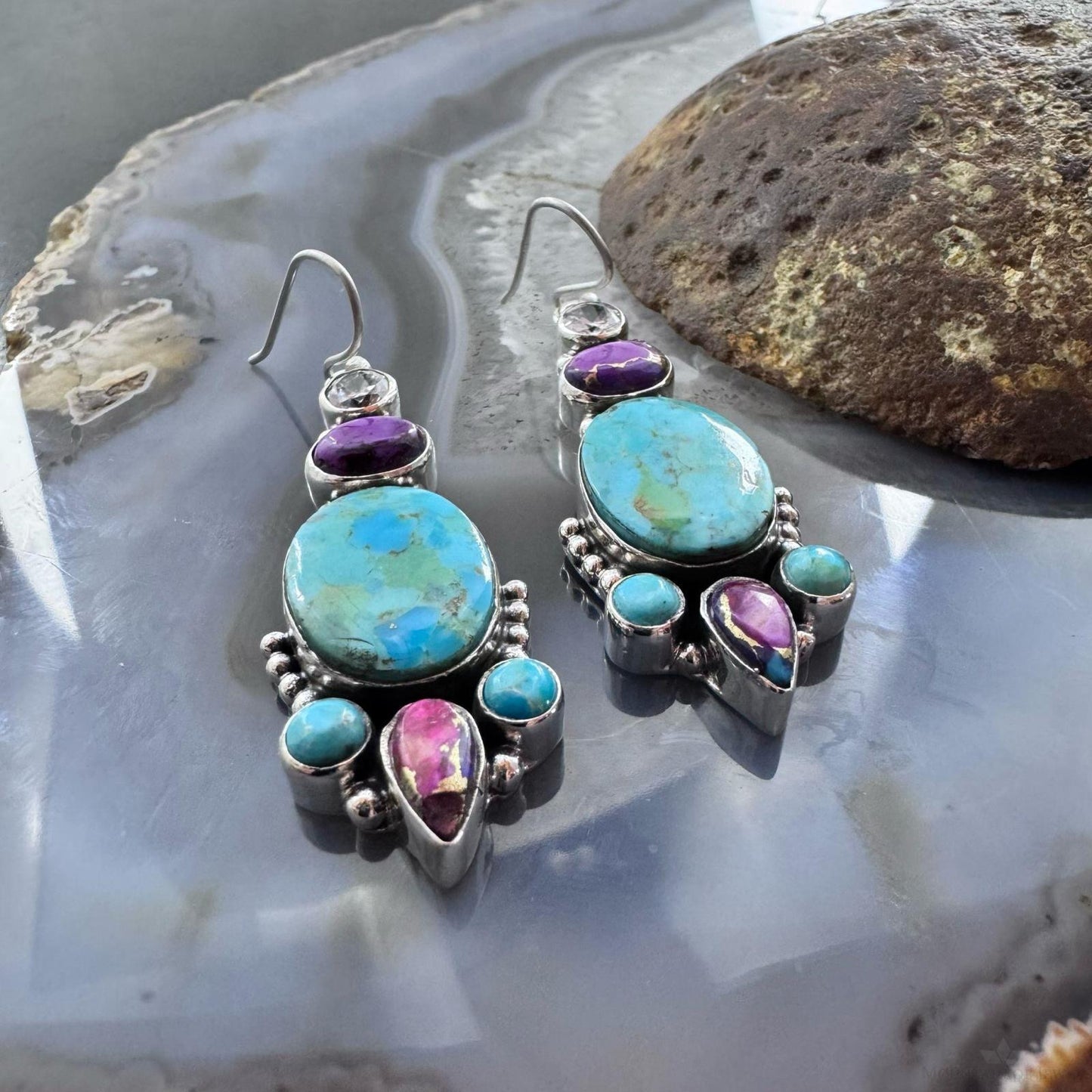 Sterling Silver Southwestern Style Turquoise,Purple Dahlia & CZ Dangle Earrings for Women