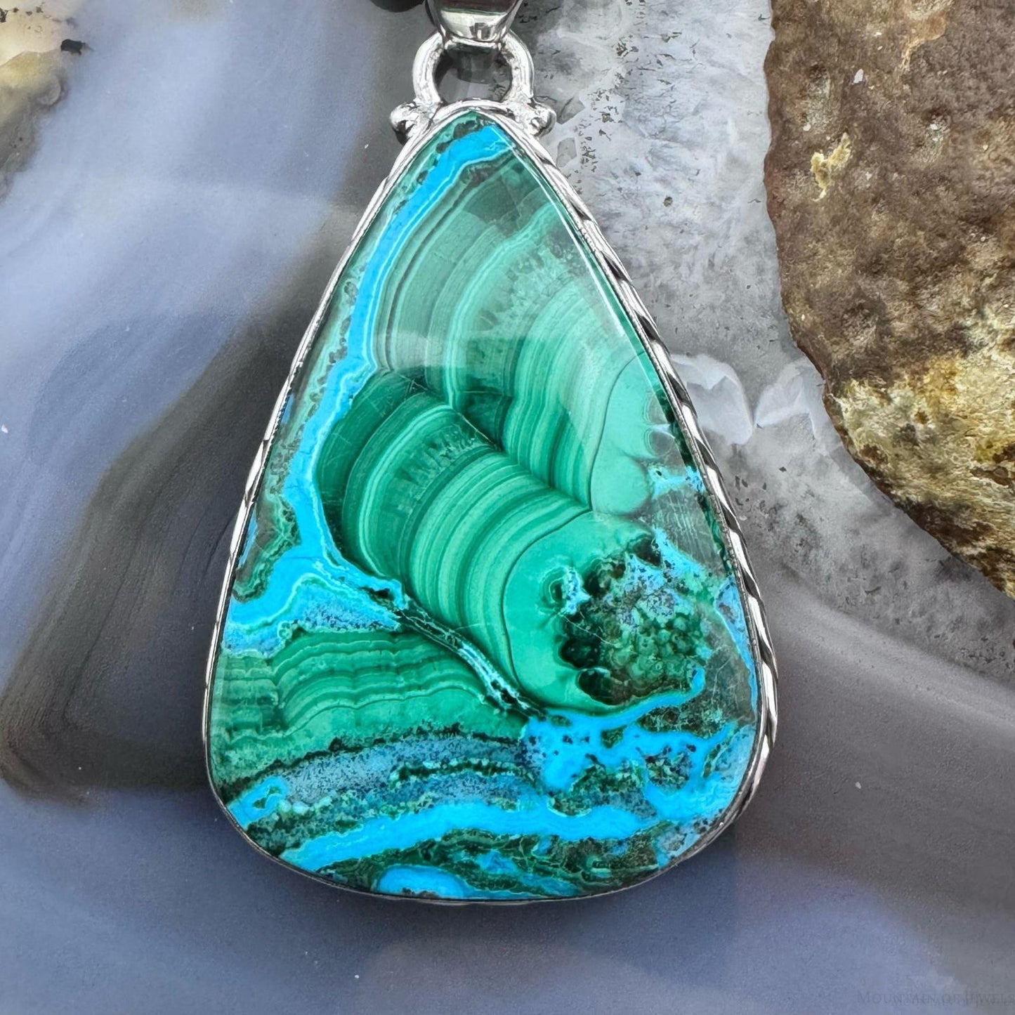 Sterling Silver Southwestern Style Triangle Azurite Malachite Unisex Pendant