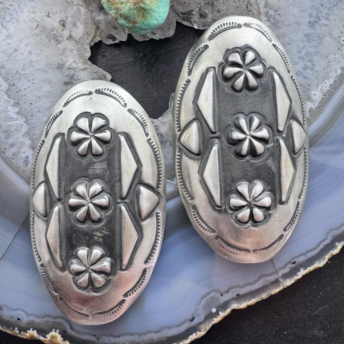 Leander Tahe Native American Sterling Silver Large Oval Repousse Post Earrings For Women