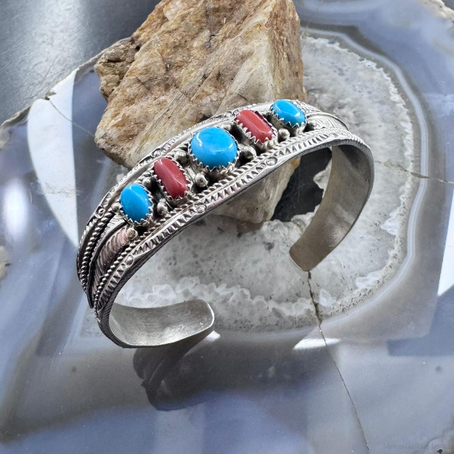 Signed Sterling Silver Native American Turquoise & Coral Row Bracelet For Women