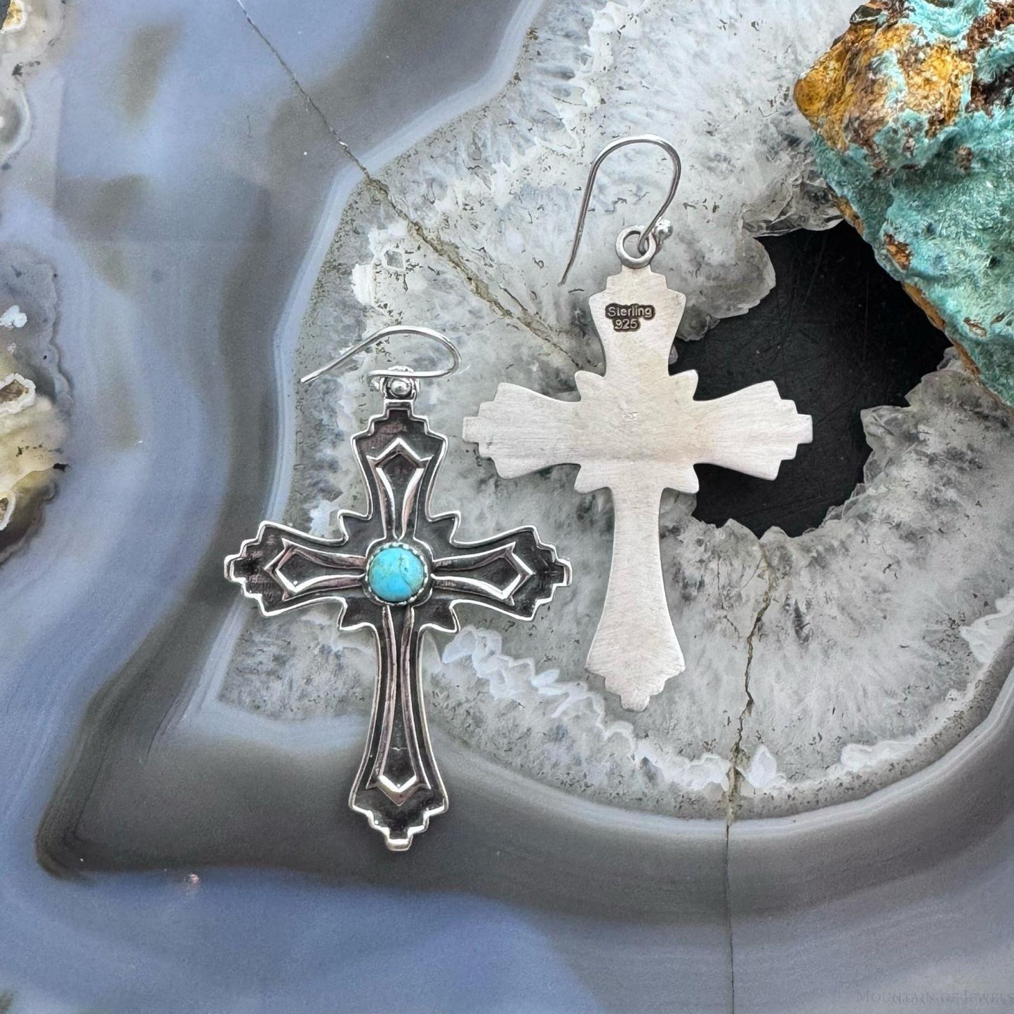 Sterling Silver Southwestern Style Turquoise Cross Dangle Earrings For Women