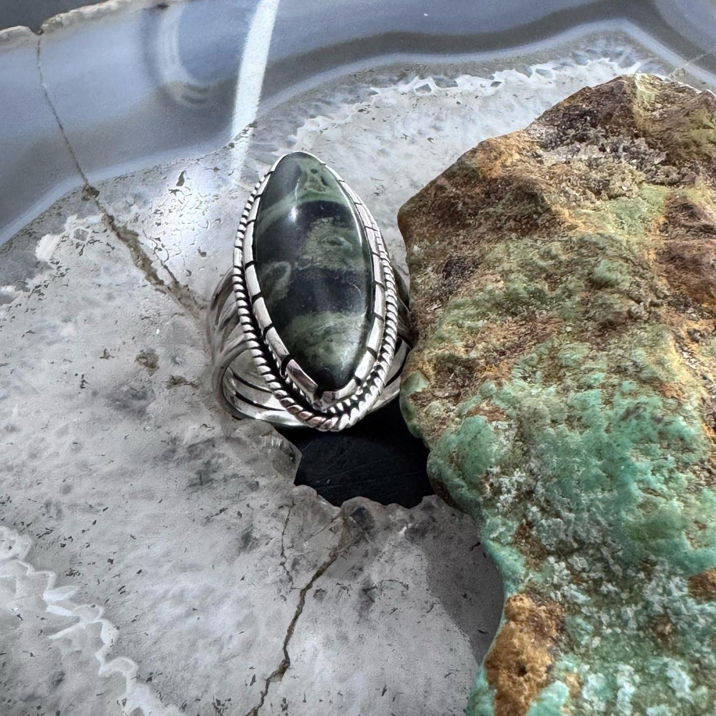 Sterling Silver Southwestern Style Marquise Kambaba Jasper Ring Size 7.5 For Women