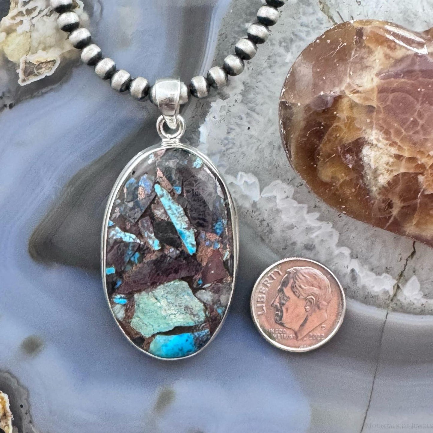 Sterling Silver Southwestern Style Large Oval Copper Turquoise Pendant For Women